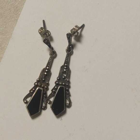 Antique Dangle Earrings  Black Onyx Post Back Art Deco Sterling Silver Victorian - Picture 9 of 11
